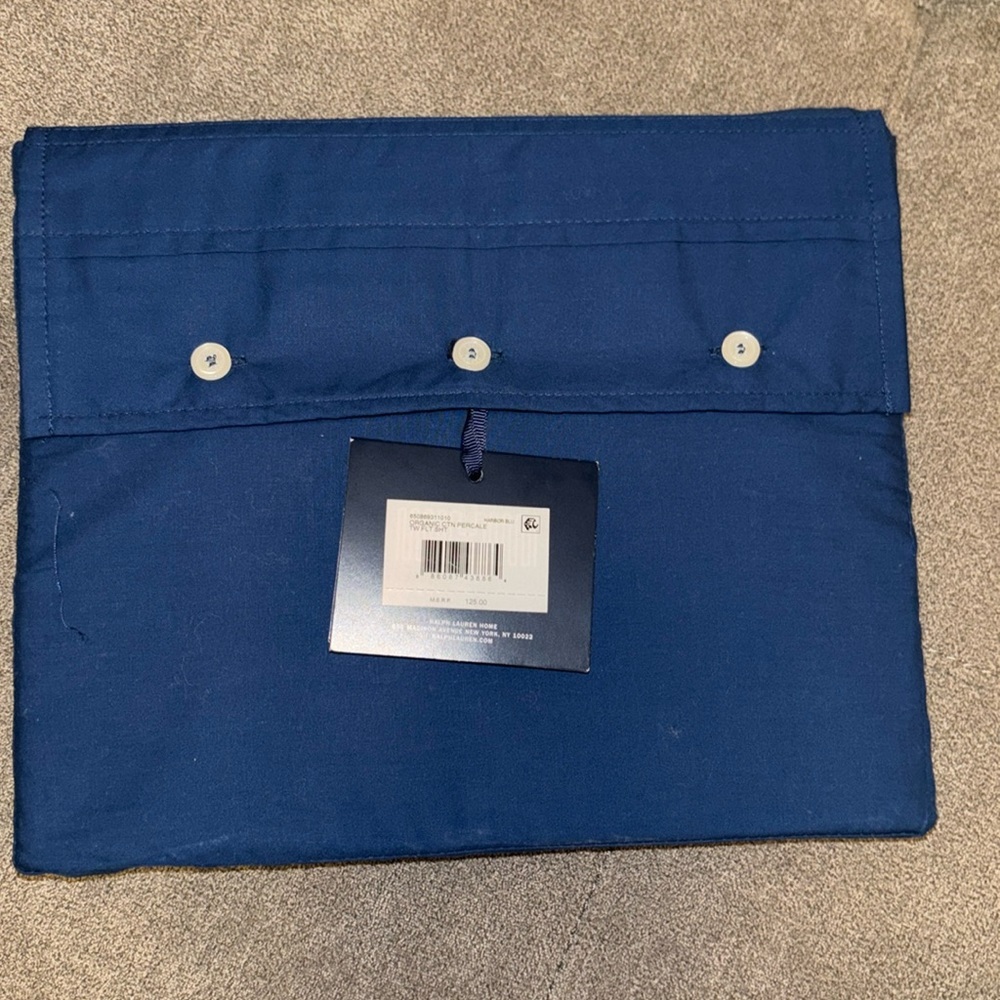 Ralph Lauren Organic Cotton Percale Flat Sheet  Harbor Blue Navy Size Twin